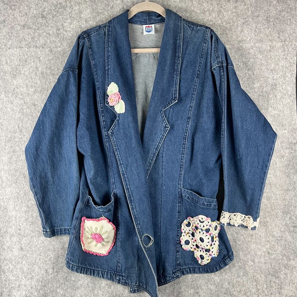 VTG LA 405 Denim Jacket Blazer Womens Large Crochet Artsy Grandma 80s 90s FLAW